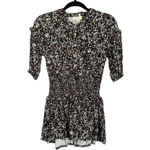 NWT Jessica Simpson Smocked Floral Print Button Front Dress Black